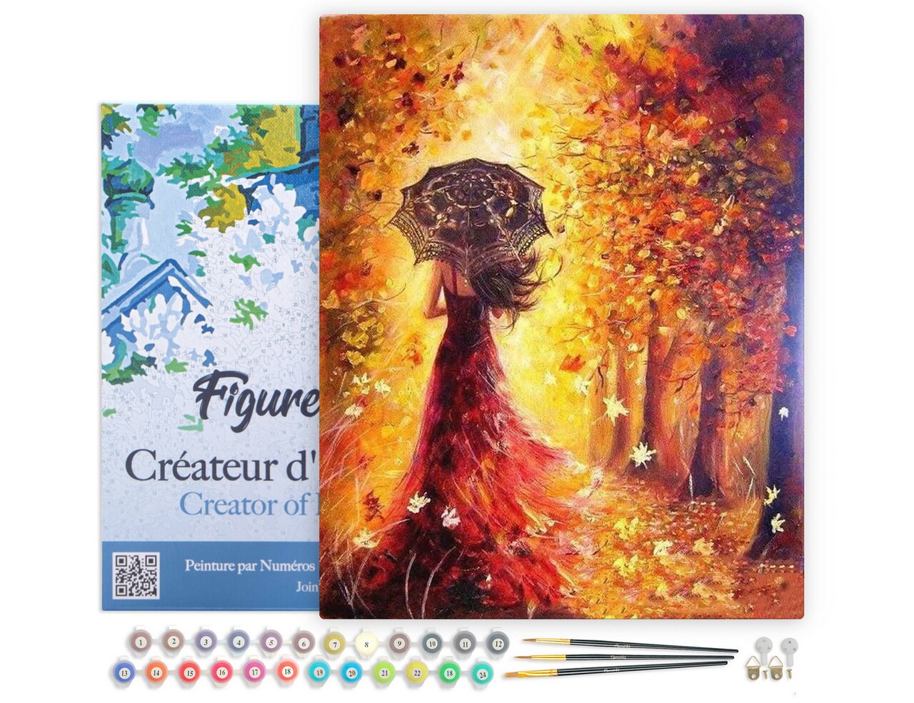 Figured'Art Paint by Numbers Kit for Adults with Frame Autumn Forest and Woman with Umbrella 16"x20" - Craft Art Painting DIY Kit Canvas Already Stretched on a Wooden Frame